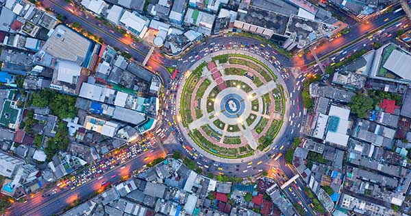 aerial view of an urban roundabout